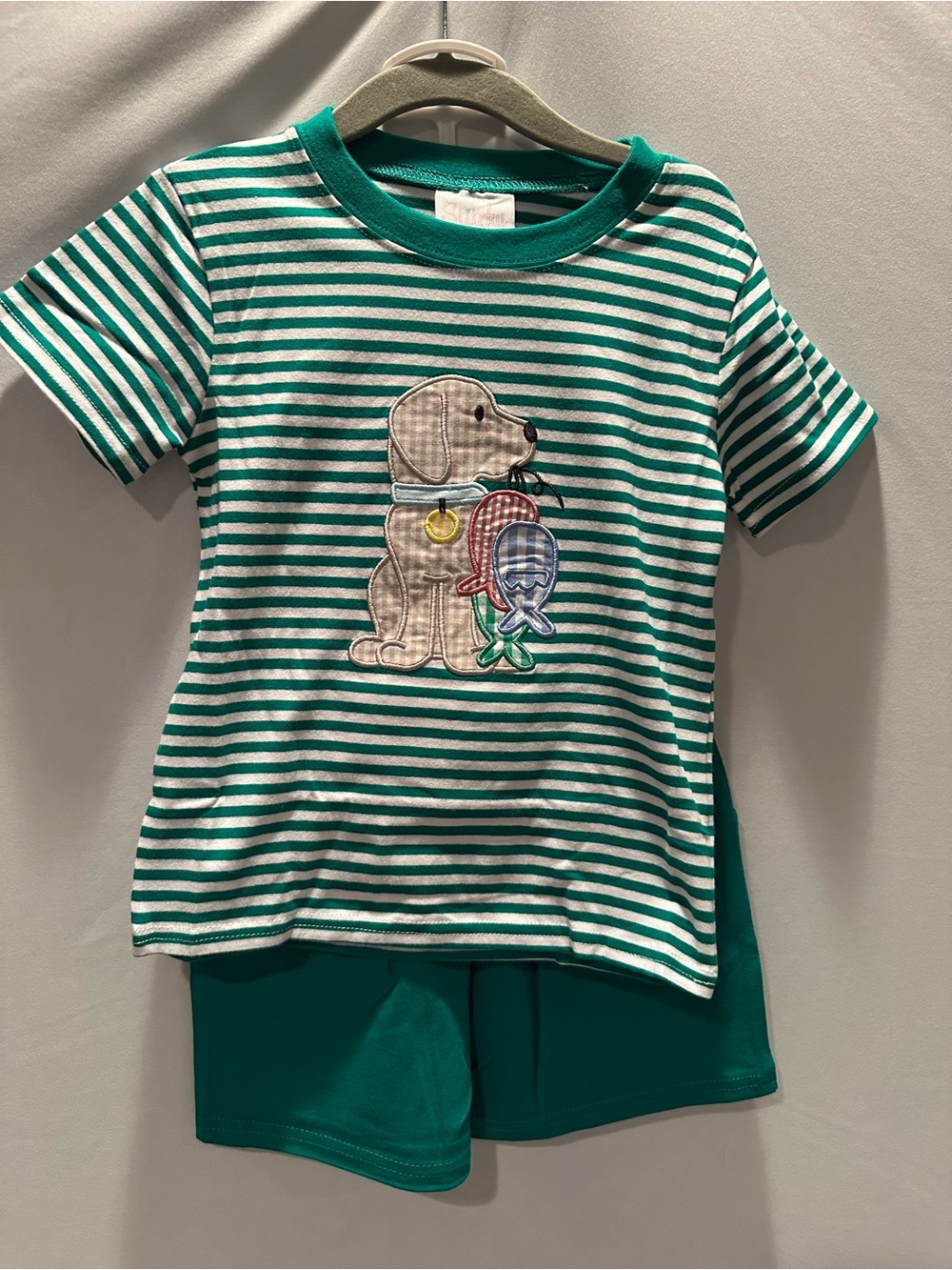 Green Striped Short Sleeve Tee with matching shorts - Dog Applique